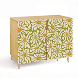 Retro wooden cabinet with cream daisies on olive green and metal hairpin legs