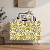 Retro wooden cabinet with cream daisies on olive green and metal hairpin legs
