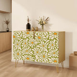 Retro wooden cabinet with cream daisies on olive green and metal hairpin legs