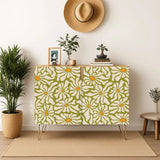 Retro wooden cabinet with cream daisies on olive green and metal hairpin legs