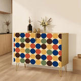 Retro wooden cabinet with navy, orange and brown dots on cream and metal hairpin legs