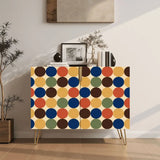 Retro wooden cabinet with navy, orange and brown dots on cream and metal hairpin legs