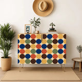 Retro wooden cabinet with navy, orange and brown dots on cream and metal hairpin legs