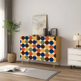 Retro wooden cabinet with navy, orange and brown dots on cream and metal hairpin legs