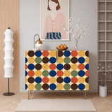Retro wooden cabinet with navy, orange and brown dots on cream and metal hairpin legs