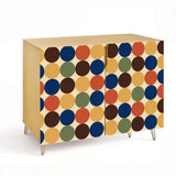 Retro wooden cabinet with navy, orange and brown dots on cream and metal hairpin legs