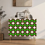 Retro wooden cabinet with brown circles and cream stars on bright green and metal hairpin legs