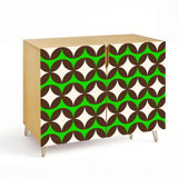 Retro wooden cabinet with brown circles and cream stars on bright green and metal hairpin legs