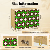 Retro wooden cabinet with brown circles and cream stars on bright green and metal hairpin legs