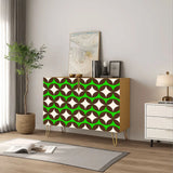 Retro wooden cabinet with brown circles and cream stars on bright green and metal hairpin legs