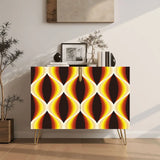 Retro wooden cabinet with brown, orange and yellow wave pattern and metal hairpin legs