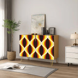 Retro wooden cabinet with brown, orange and yellow wave pattern and metal hairpin legs