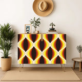 Retro wooden cabinet with brown, orange and yellow wave pattern and metal hairpin legs