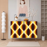 Retro wooden cabinet with brown, orange and yellow wave pattern and metal hairpin legs