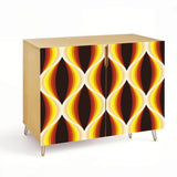 Retro wooden cabinet with brown, orange and yellow wave pattern and metal hairpin legs
