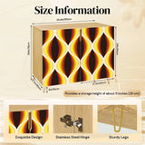 Retro wooden cabinet with brown, orange and yellow wave pattern and metal hairpin legs