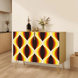 Retro wooden cabinet with brown, orange and yellow wave pattern and metal hairpin legs