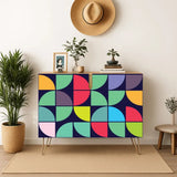 Retro wooden cabinet with colorful quarter circles on navy and metal hairpin legs