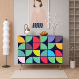 Retro wooden cabinet with colorful quarter circles on navy and metal hairpin legs