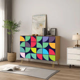 Retro wooden cabinet with colorful quarter circles on navy and metal hairpin legs