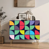 Retro wooden cabinet with colorful quarter circles on navy and metal hairpin legs