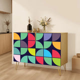 Retro wooden cabinet with colorful quarter circles on navy and metal hairpin legs