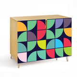 Retro wooden cabinet with colorful quarter circles on navy and metal hairpin legs