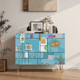Retro wooden cabinet with hand-drawn daisies and palm leaves on sky blue and metal hairpin legs