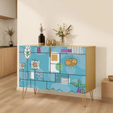 Retro wooden cabinet with hand-drawn daisies and palm leaves on sky blue and metal hairpin legs