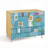 Retro wooden cabinet with hand-drawn daisies and palm leaves on sky blue and metal hairpin legs