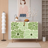Retro wooden cabinet with sage green flowers on cream and metal hairpin legs