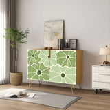 Retro wooden cabinet with sage green flowers on cream and metal hairpin legs