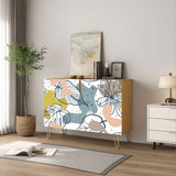 Retro wooden cabinet with pastel line-art flowers on white and metal hairpin legs