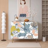 Retro wooden cabinet with pastel line-art flowers on white and metal hairpin legs