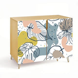 Retro wooden cabinet with pastel line-art flowers on white and metal hairpin legs