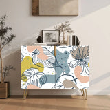 Retro wooden cabinet with pastel line-art flowers on white and metal hairpin legs