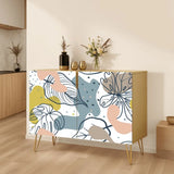 Retro wooden cabinet with pastel line-art flowers on white and metal hairpin legs