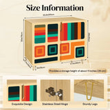 Retro wooden cabinet with teal, orange and red blocks on cream and metal hairpin legs