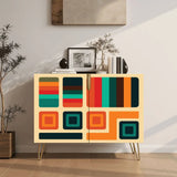 Retro wooden cabinet with teal, orange and red blocks on cream and metal hairpin legs