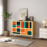 Retro wooden cabinet with teal, orange and red blocks on cream and metal hairpin legs