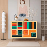 Retro wooden cabinet with teal, orange and red blocks on cream and metal hairpin legs