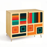 Retro wooden cabinet with teal, orange and red blocks on cream and metal hairpin legs