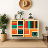 Retro wooden cabinet with teal, orange and red blocks on cream and metal hairpin legs