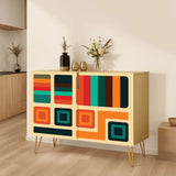 Retro wooden cabinet with teal, orange and red blocks on cream and metal hairpin legs