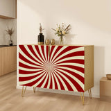 Retro wooden cabinet with red and cream sunburst and metal hairpin legs