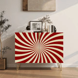 Retro wooden cabinet with red and cream sunburst and metal hairpin legs