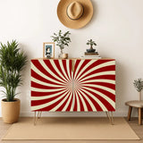 Retro wooden cabinet with red and cream sunburst and metal hairpin legs