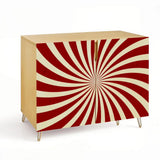 Retro wooden cabinet with red and cream sunburst and metal hairpin legs