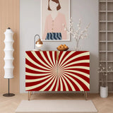 Retro wooden cabinet with red and cream sunburst and metal hairpin legs