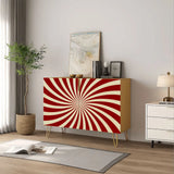 Retro wooden cabinet with red and cream sunburst and metal hairpin legs